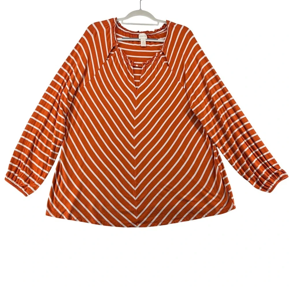 Chico's Striped Ruffle Neck Peasant Blouse Keyhole Neck Women 3 Large Orange